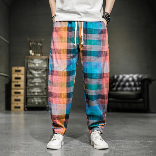 Spring and Summer Chinese Style Linen Plaid Pants Men's Trendy Loose Pants Retro Casual Cropped Trousers