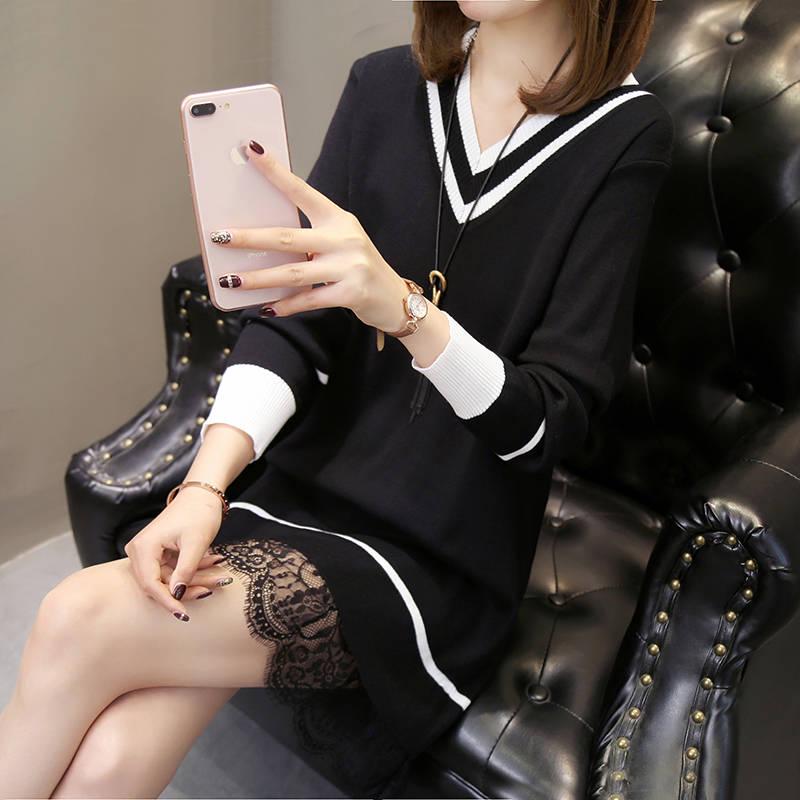 Autumn and winter long sweater women's head large size knit dress was thin bottoming shirt women