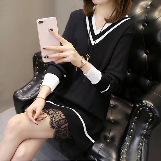 Autumn and winter long sweater women's head large size knit dress was thin bottoming shirt women