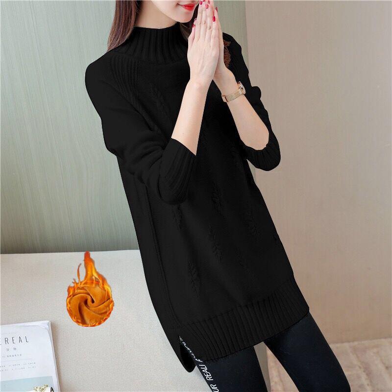 Autumn and Winter Plus Velvet Sweater Mid-length Loose Half-high Collar Large Size Base Shirt Jacket