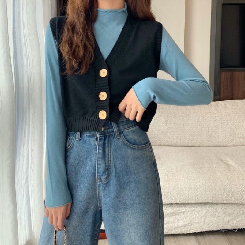 Sweater Knit Vest Women Solid Loose V-Neck Cardigan Short Sweater Elegant Sleeveless Single Breasted Lovely Female Basic Tops
