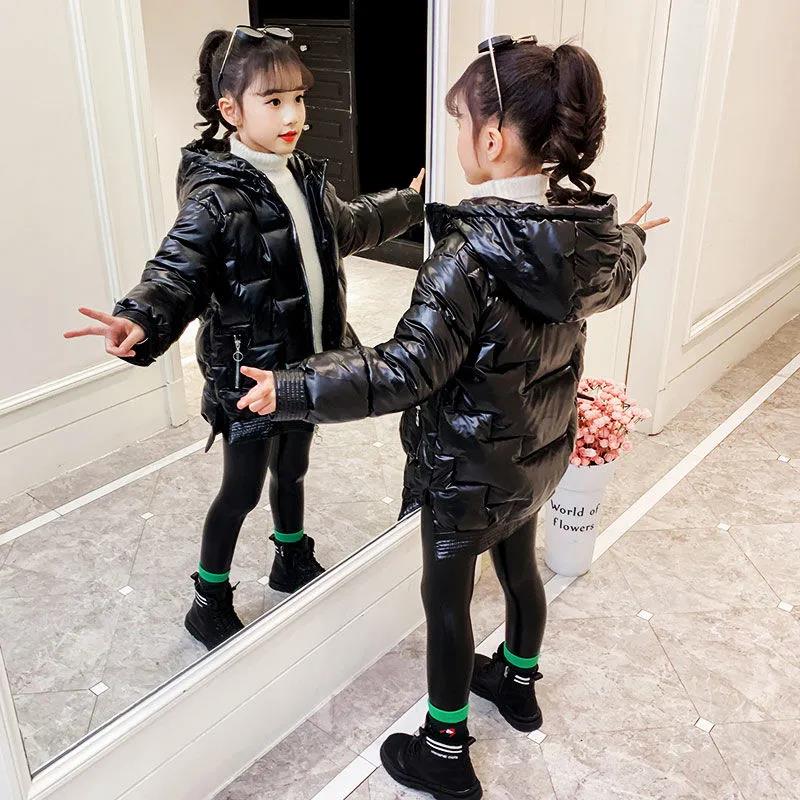 Girls' Cotton-padded Clothes Winter Children's Fashion Bright-faced Mid-length Padded Jacket Thickened Girls' Medium and Large Children's Jackets