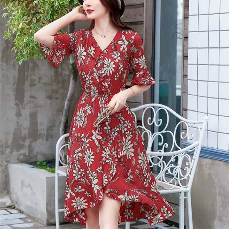 Fashion Summer Cotton Drawstring Dress Medium-length Floral Dress Belt Flare Sleeve Irregular Dress