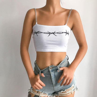 Printed Strapless Sexy Vest Summer Short Blouse E-girl Fitness Sportswear Metal Chain Strap Camisole