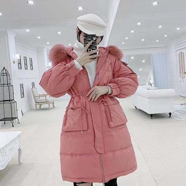 Trendy Fashion Waist Hooded Fur Collar Women's Down Jacket Autumn and Winter Plus Velvet Thickening Warm Loose Casual White Duck Down Down Jacket