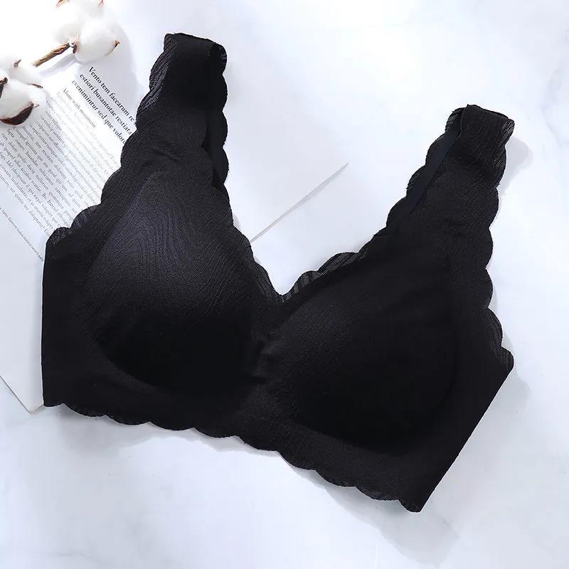 Female Plus Size Latex Underwear Tank Top Thick Mould Cup Fashion Jacquard No Steel Ring Top Side Gathering Lace Sports Sleeping Bra