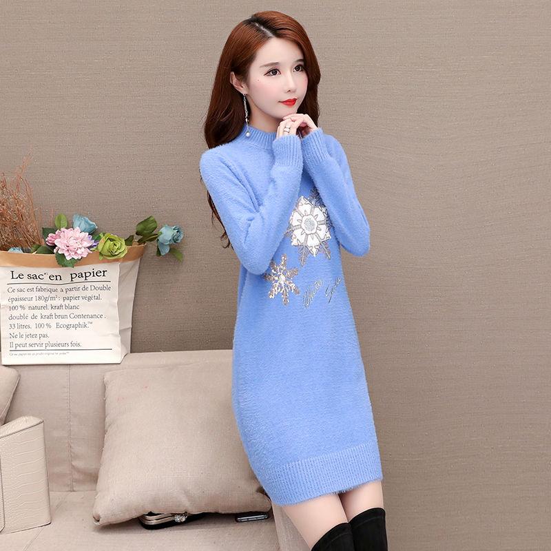 Autumn and Winter Mid-length Snowflake Sweater Half High Neck Thick Sweater Women Round Neck Long Sleeve Bottoming Shirt