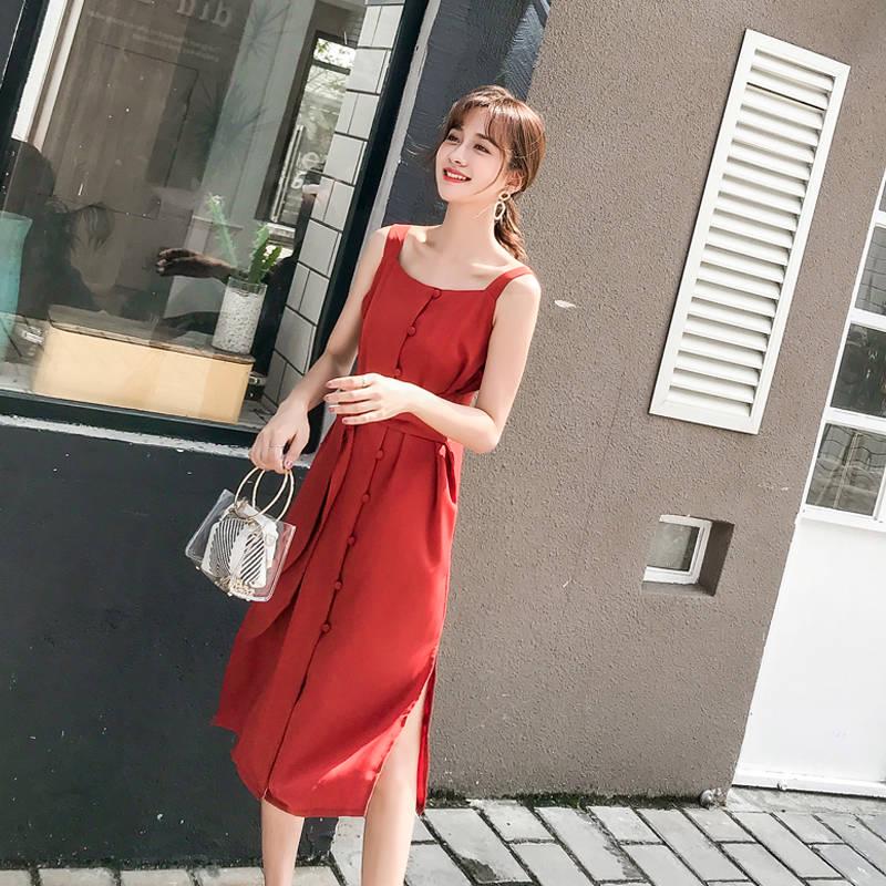 Women Summer Button Front Slip Midi Dress Beach Dress Casual Dress Solid Color Camisole Dress