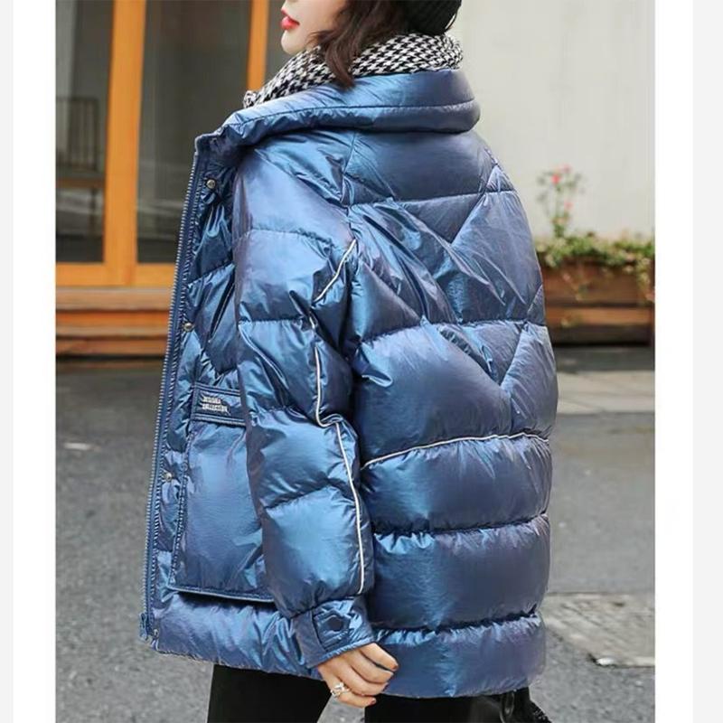 Women's Shiny Mid-length Down Jacket Winter Korean Style Loose Coat Warm Stand-collar Down Jacket