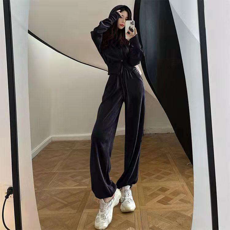 Sports Sweater Suit Women's Autumn Hooded Cardigan Coat Wide Leg Pants Two-piece Sports Sweater Jogging Trousers Casual Suit