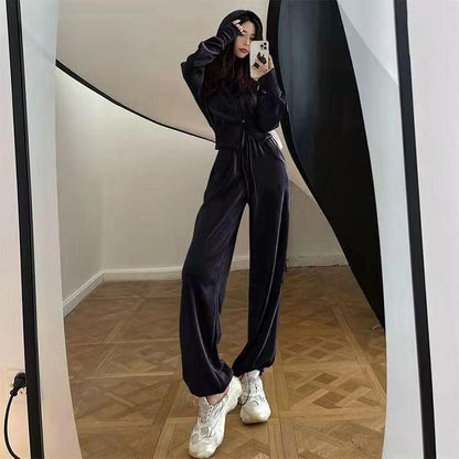 Sports Sweater Suit Women's Autumn Hooded Cardigan Coat Wide Leg Pants Two-piece Sports Sweater Jogging Trousers Casual Suit