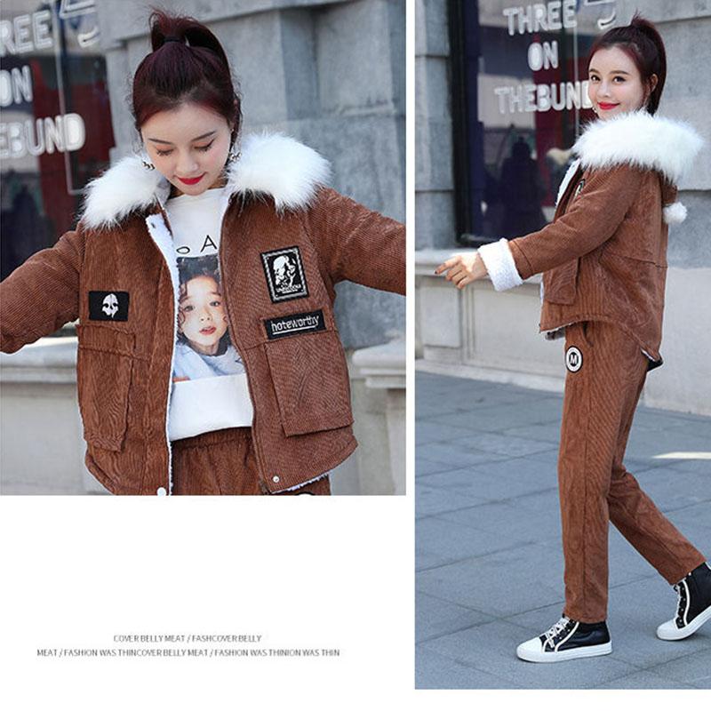 2pcs/set Winter Parka Women Fleece Liner Hooded Parka Coat+ Pant Two-piece Set Ladies Causual Warm Jacket   Outwear Outfits