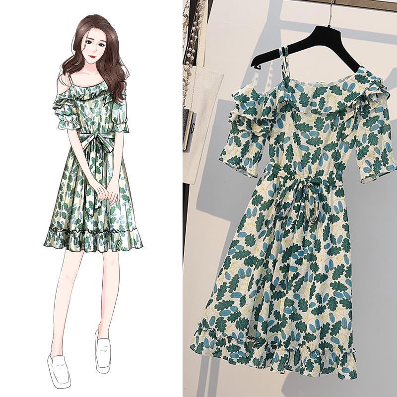 Plus Size Dress Women Boho Beach Floral Dress Summer Oblique Off-shoulder Ruffled Dress Mid-length