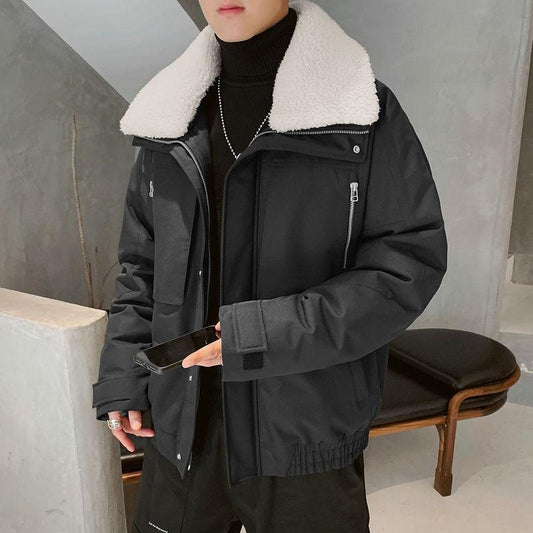 Winter Padded Jacket Men's Short Loose Large Size Korean Style Trendy Warm Cotton Jacket Wild Lamb Velvet Lapel Quilted Jacket