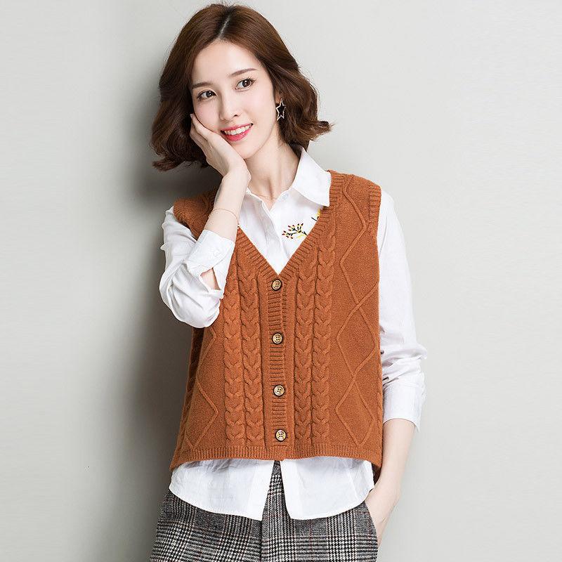 Women's Sweater Vest Short All-match V-neck Woolen Vest Sleeveless Sweater Top Ladies Pure Color Temperament Sweater Vest