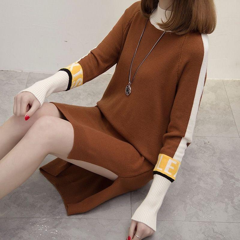 Autumn and Winter Color Matching Plus Size Dress Mid-length Loose Knit Bottoming Shirt Thick Half High Neck Women's Sweater Dress