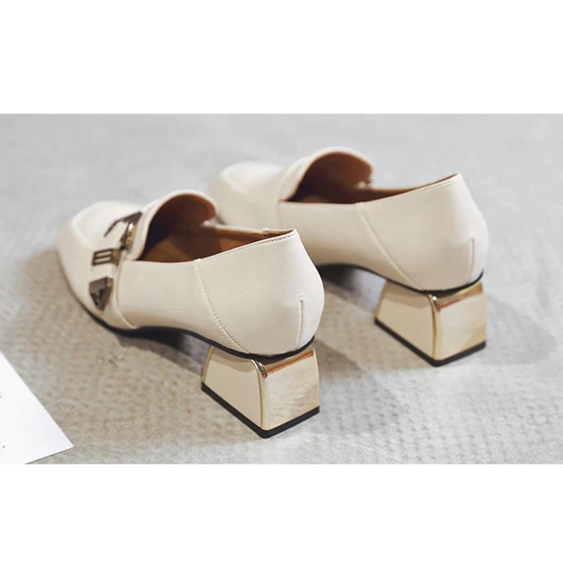 Women's Soft Surface Comfortable Square Toe Small Leather Shoes Real Cowhide Thick British Style Mid-heel Work Shoes Casual Shoes Single Shoes