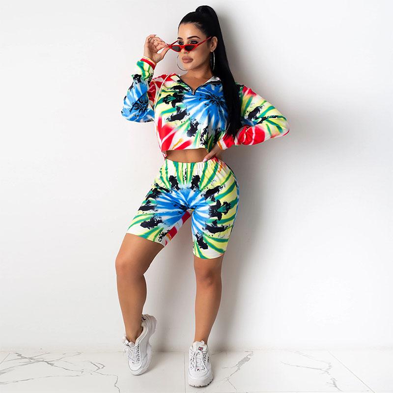 2PCS Women's Tie-Dye Hoodie Casual Home Sports Shorts Set Women's Fitness Set Girl's Gym Running Fitness Athletic Clothing Sets