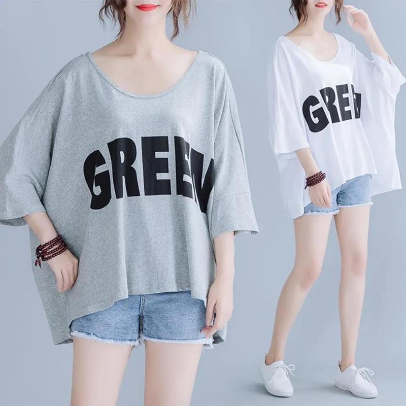 Large Size Women's Loose Letter Printing Short-sleeved T-shirt Tops Women's Casual Loose Large Size Round Neck Mid-sleeve T-shirts