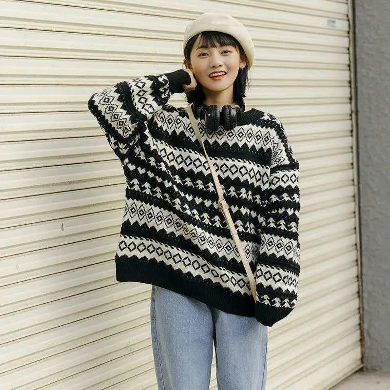 Autumn Winter Women Sweater Pullover Knit Jumpers Casual Loose Striped Pull Korean Knitwear Top Girls Student Retro Vintage Sweater Short Warm O Neck