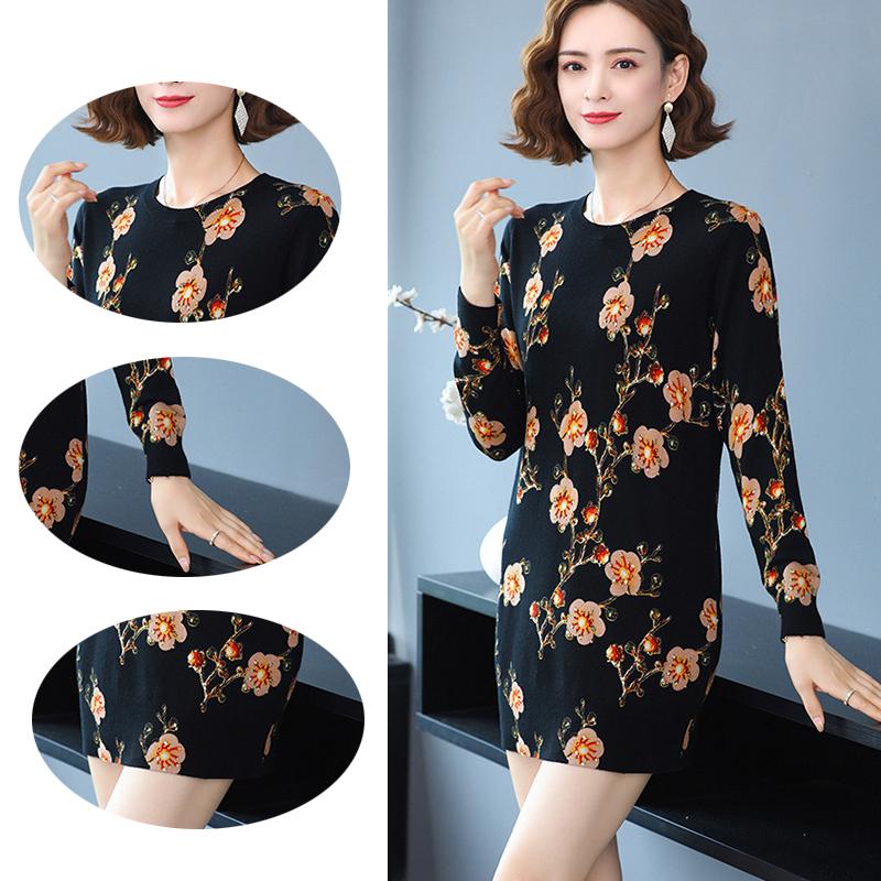 Outer Wear Mid-length Printed Sweater Autumn/winter Women's Pullover Sweater Dress Plus Size Long-sleeved Knitted Skirt