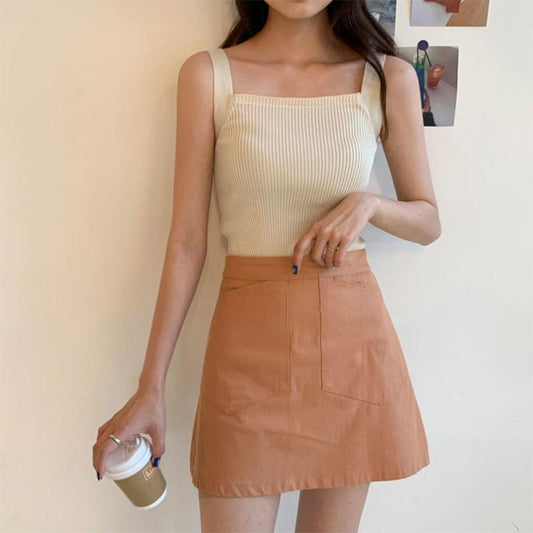 Summer Ice Silk Solid Color All-match Knitted Camisole Women's Outer Wear Korean Style Bottoming Shirt Short Slim Top
