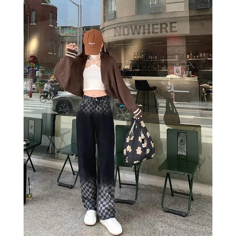 Chess Board Graded Jeans Female Korean Version of The Design High Waist Slim Vertical Straight Wide Leg Trousers