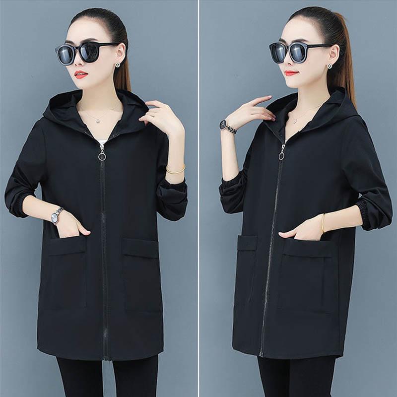 Spring and Autumn Windbreaker Hooded Jacket Loose Casual Mid-length Temperament All-match Jacket Women
