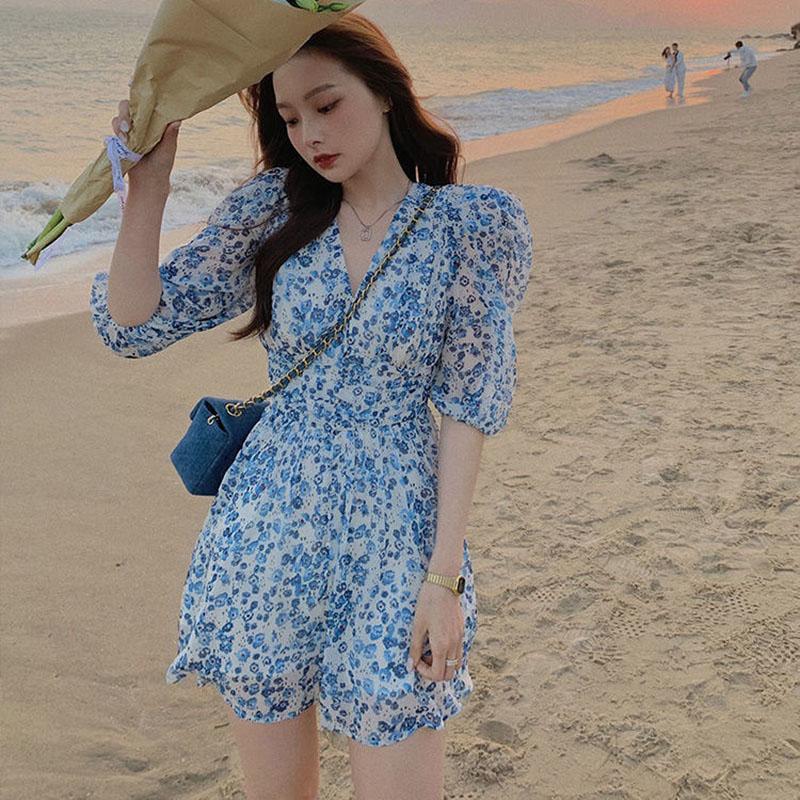 Spring Summer Waist Waist V-neck French Temperament Short Skirt Pleated Floral Chiffon Dress Women