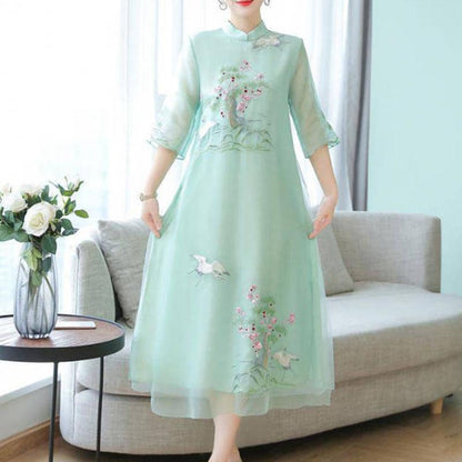 Woman Embroidery Floral Printed Dress Half Sleeve Chinese Style Long Party  Dresses Plus Size M-4XL