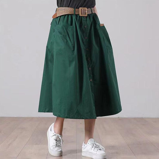 Woman Skirts Washed Cotton Skirt Female Summer High Waist Buttons A-line Skirts All-match Thin Calf-length Sashes Skirt