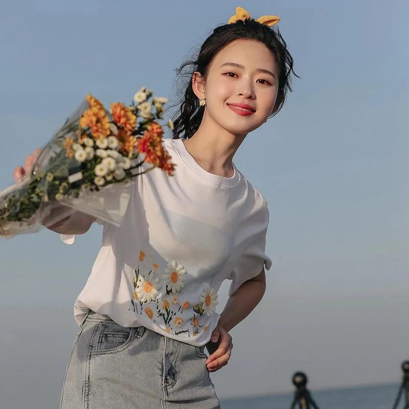 Pure Color Flower Pattern Embroidery Women  Causal  T Shirt Tee Lady Girl Top Hipster Cartoons Style T-Shirts