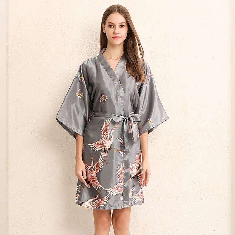 Women's Spring Autumn Winter Sexy Pajamas Crane Night Robe Bride Wedding Dressing Robe Embroidery Bridesmaid Long Bathrobe Home Wear