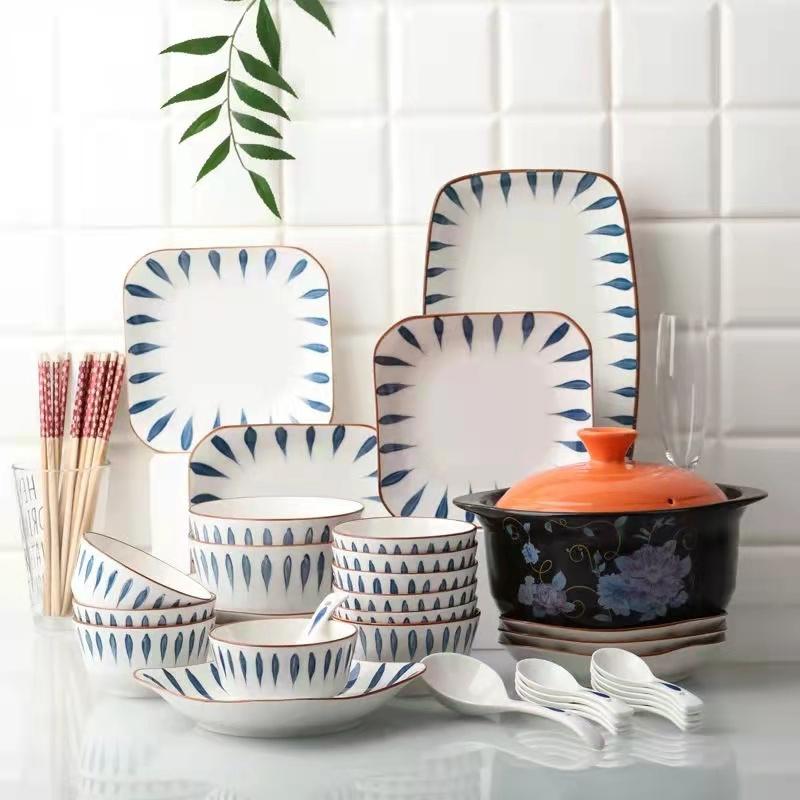 Set Household Japanese Net Red Ins Ceramic Bowl and Plate Set Creative Plate Combination 10 People Tableware Tableware Salad Bowl