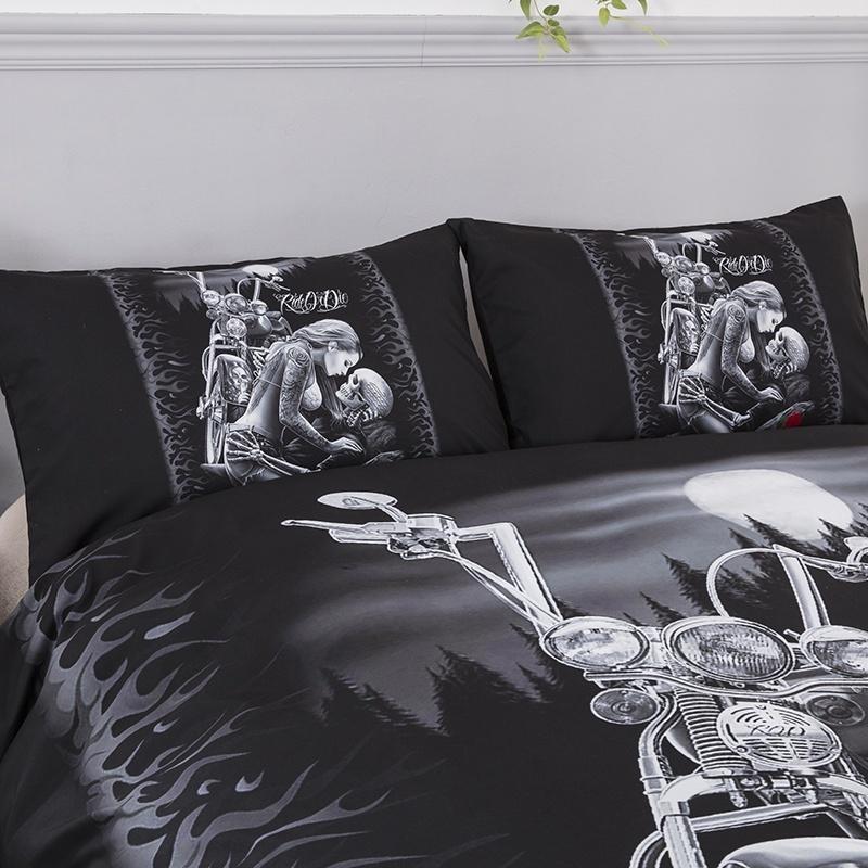 WTEMPO 2019 New 3 Pcs 3D Ride Die Bedding Set Halley Motorcycle Duvet Cover Pillowcase Red Rose Beau