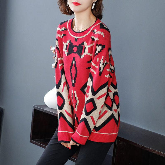 Fall/winter Vintage Printed Pullover Sweater Women Loose Knitted Sweater Jumper Bottoming Outer Wear