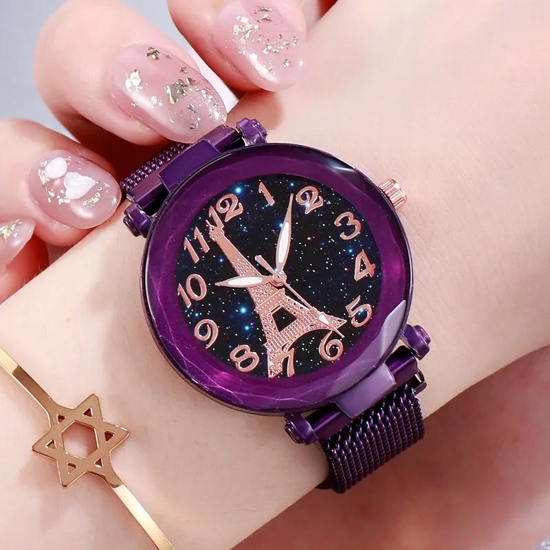 Paris Eiffel Tower Starry Quartz Watch Women's College Style Student Korean Vintage Simple Iron Magnet Luminous Mesh Belt Watch