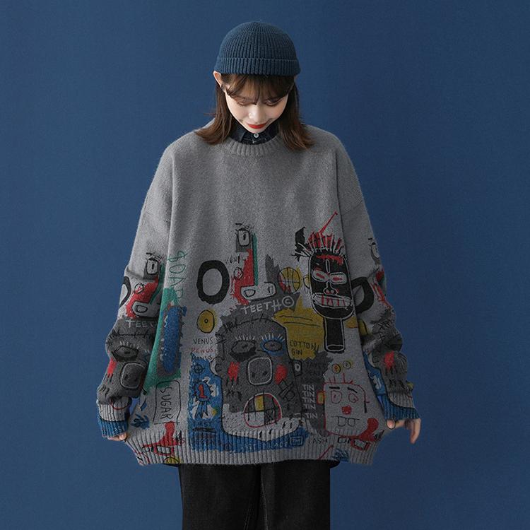 Women Oversized Sweater Autumn Winter Casual Loose Outerwear O Neck Pullover Sweater Coat Student Warm Jumpers Hip Hop Streetwear White Grey
