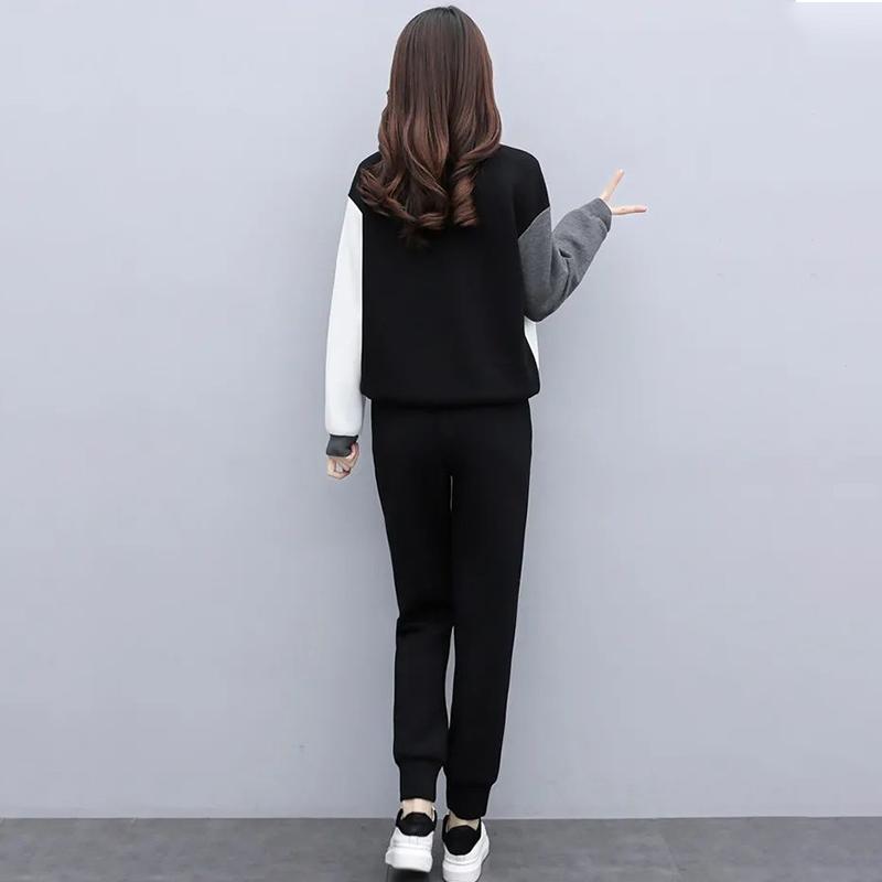 Women's Suits Are Loose Thin and Age-reducing Casual Two-piece Round Neck Long-sleeved Shirt + Casual Pants Warm and Comfortable