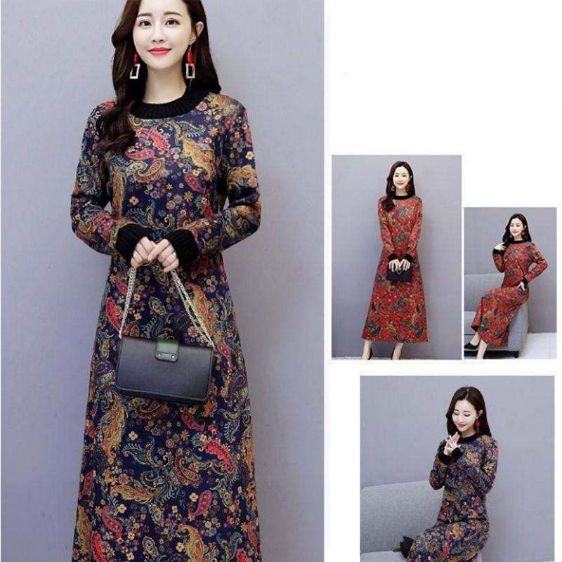 Pofulove Retro Plus Velvet Dress Female Turtleneck Over Knee Long Skirt Plus Size Cover Belly Fat