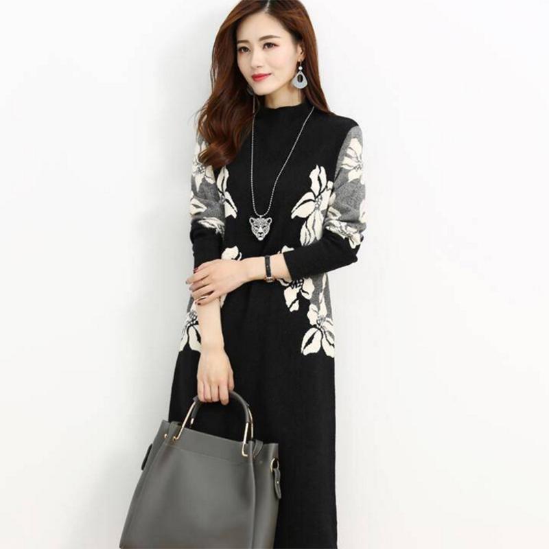 Pofulove fashion women's printed turtleneck plus velvet thick long-sleeved loose dress Plus size