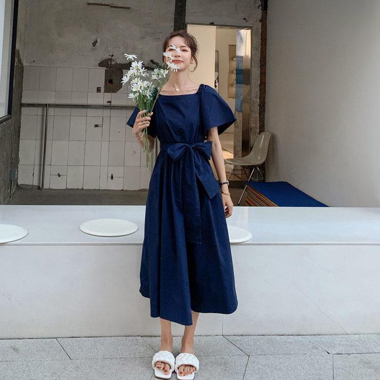 Female Plus Size Bubble Sleeve Elegant Holiday Dress Summer Vintage Big Bow Slim Vacation Dress