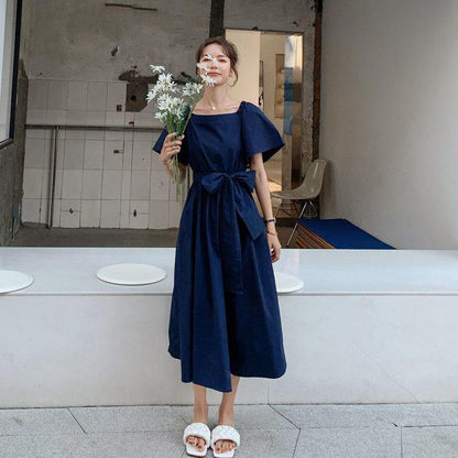 Female Plus Size Bubble Sleeve Elegant Holiday Dress Summer Vintage Big Bow Slim Vacation Dress