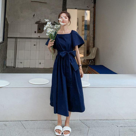 Female Plus Size Bubble Sleeve Elegant Holiday Dress Summer Vintage Big Bow Slim Vacation Dress