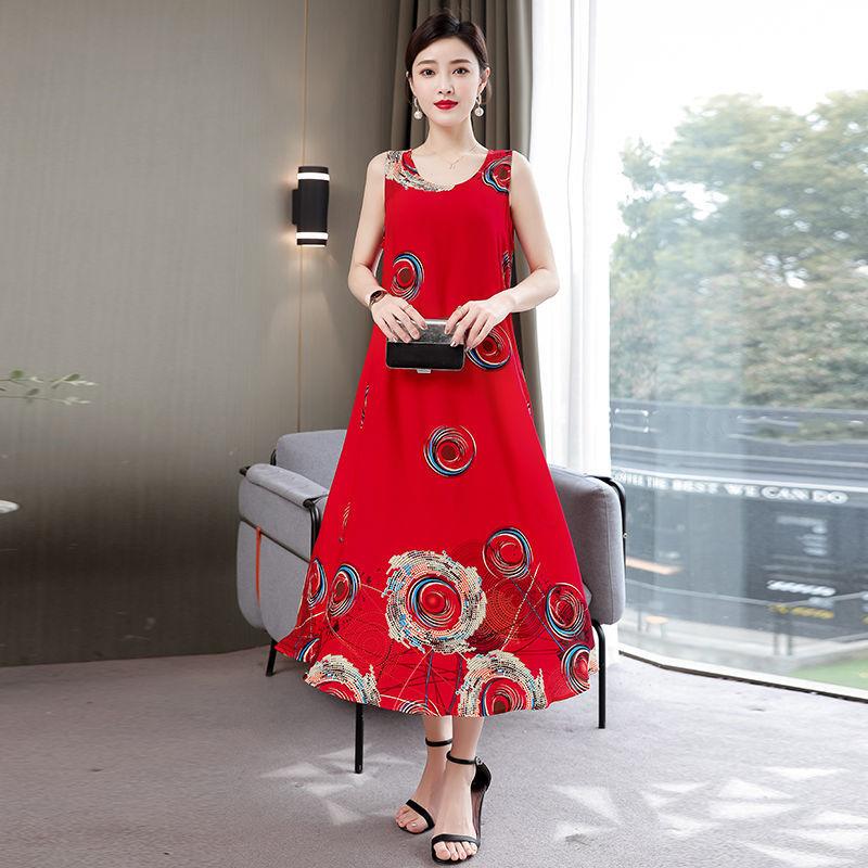 Large Size XL-XXXXXL Women Summer Cotton Silk Dress Sleeveless Vest Skirt Loose Printing Home Night Skirt Beach Skirt