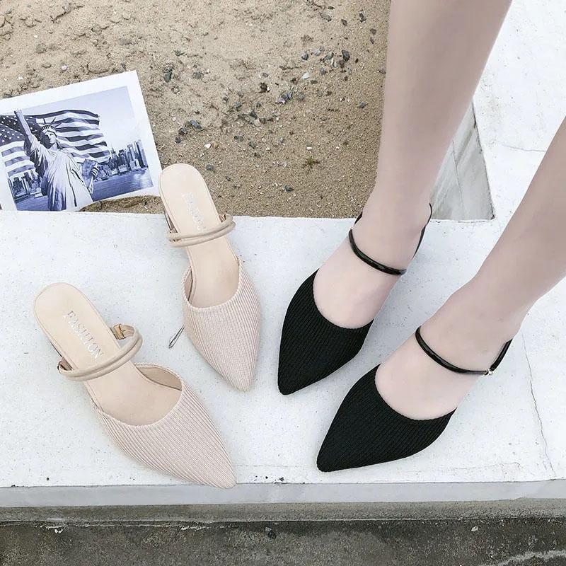 High Heels Pointed Toe Two Wear Baotou Sandals Slippers Women's Summer New All-match Thick Heels Fashion Dual-use Comfortable Black
