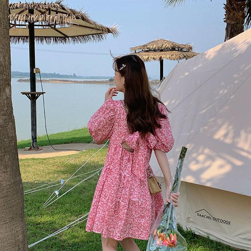 Women's Summer Dress Round Neck Floral Puff Sleeve Loose Skirt