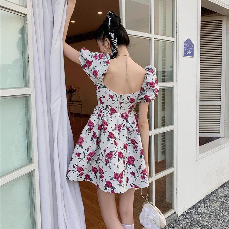 Women's Summer Skirt Square Neck Sweet Puff Sleeve Floral Dress