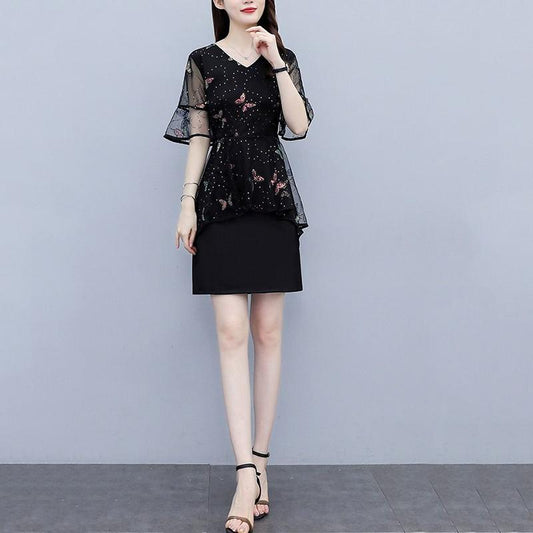 Large Size Women's Summer Black Belly Cover Sequins Embroidery Stitching Short-sleeved Fairy Dress Ladies Temperament A-line Skirt