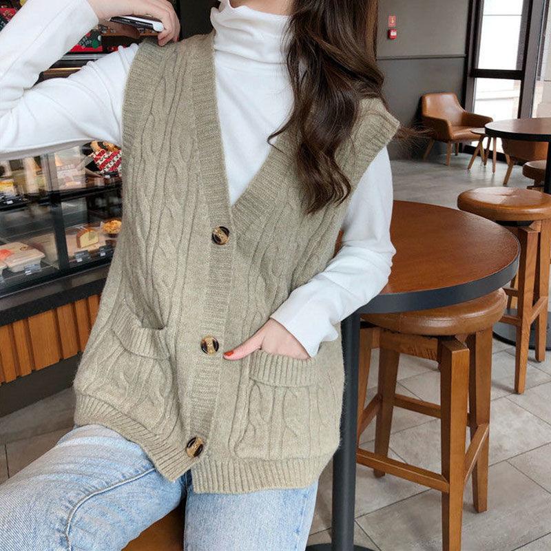 Spring and Autumn Cardigan Knitted Vest Simple Solid Color Sleeveless Top Casual Outer Women's Sweater